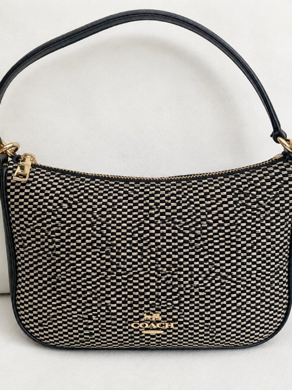 Coach Woven Print Shoulder Bag Black & Cream Gold Hardware